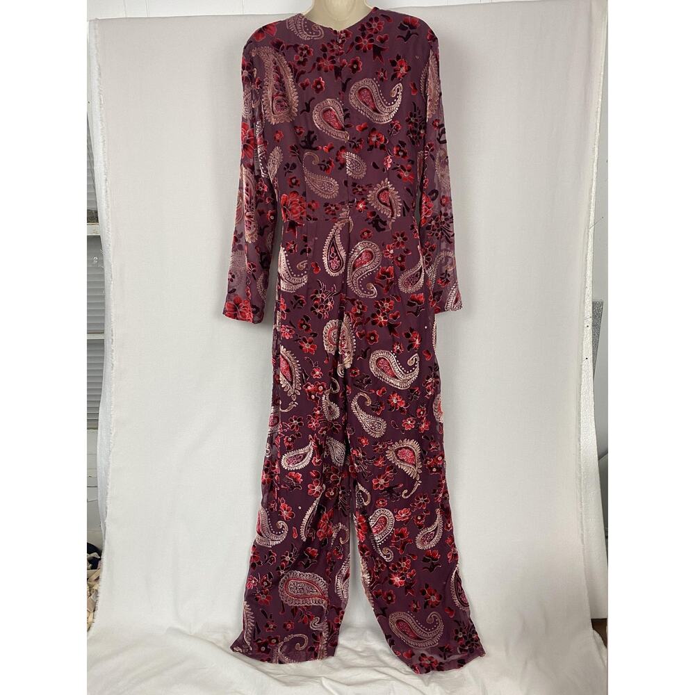 Chelsea‎ & Violet Jumpsuit Medium Red Burnout Velvet Paisley Retro Boho Wide Leg - Picture 5 of 15